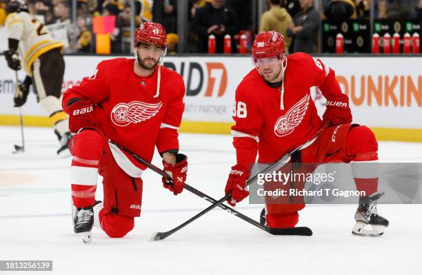 Shayne Gostisbehere of the Detroit Red Wings talks to teammate Daniel Sprong before a game against the Boston Bruins at the TD Garden on November 24,...