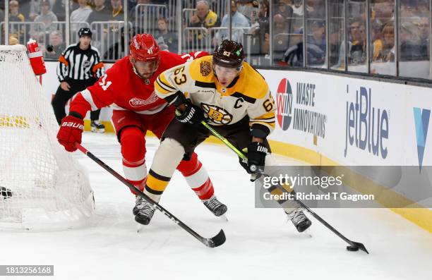 Brad Marchand of the Boston Bruins skates against the Detroit Red Wings during the first period at the TD Garden on November 24, 2023 in Boston,...