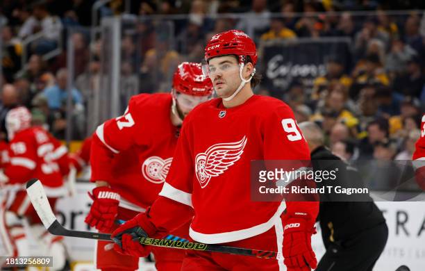 Alex DeBrincat of the Detroit Red Wings skates against the Boston Bruins during the third period at the TD Garden on November 24, 2023 in Boston,...