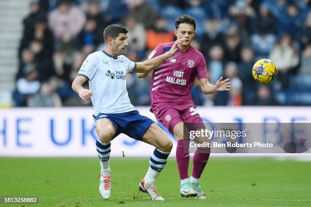 Ched Evans of Preston North End in action during the Sky Bet Championship match between Preston North End and Cardiff City at Deepdale on November...