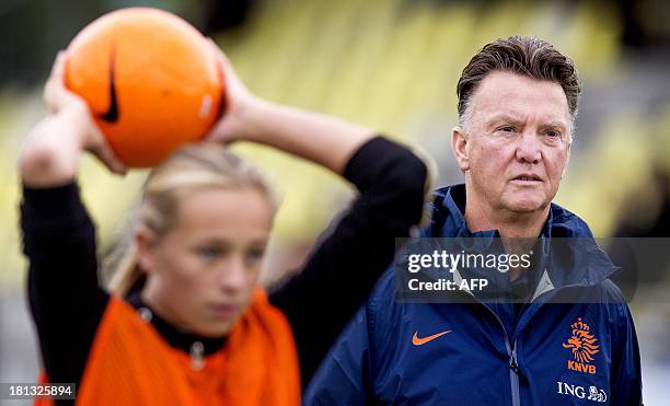 The head coach of the Dutch national football team Louis van Gaal attends the selection day for ball boys and girls, who retrieve balls for players...