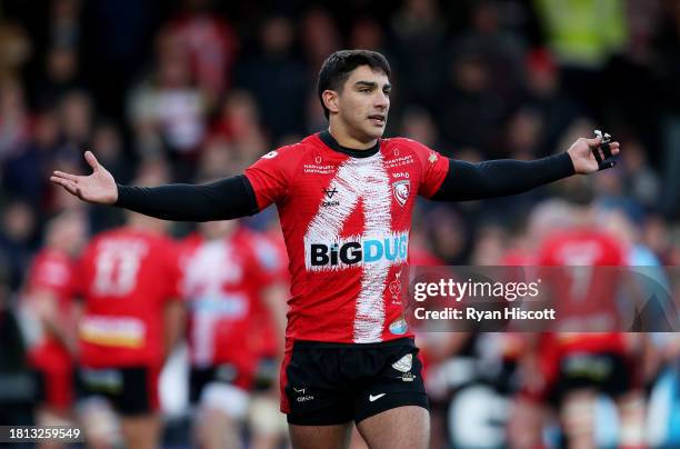 Santi Carreras of Gloucester Rugby reacts during the Gallagher Premiership Rugby match between Gloucester Rugby and Leicester Tigers at Kingsholm...