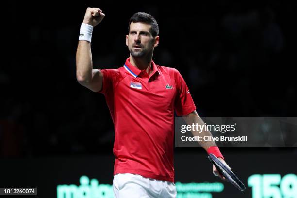 Novak Djokovic of Serbia celebrates winning the second set during the Semi-Final match against Jannik Sinner of Italy in the Davis Cup Final at...