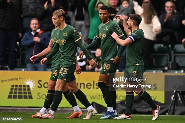 Morgan Whittaker of Plymouth Argyle celebrates after scoring their sides first goal during the Sky Bet Championship match between Plymouth Argyle and...