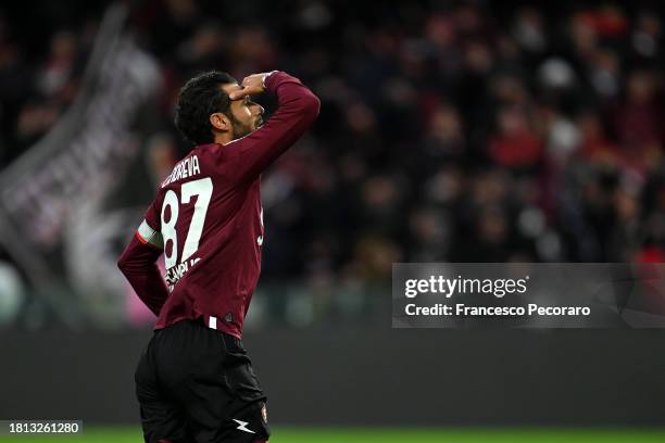 Antonio Candreva of US Salernitana celebrates after scoring his side second goal during the Serie A TIM match between US Salernitana and SS Lazio at...