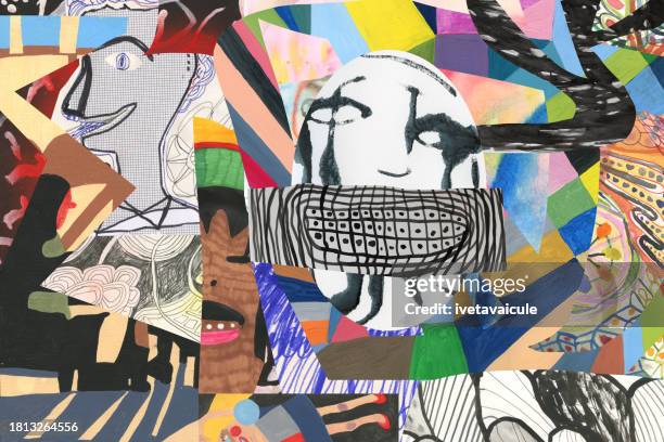 funky collage. people. patterns - oil pastel drawing stock illustrations