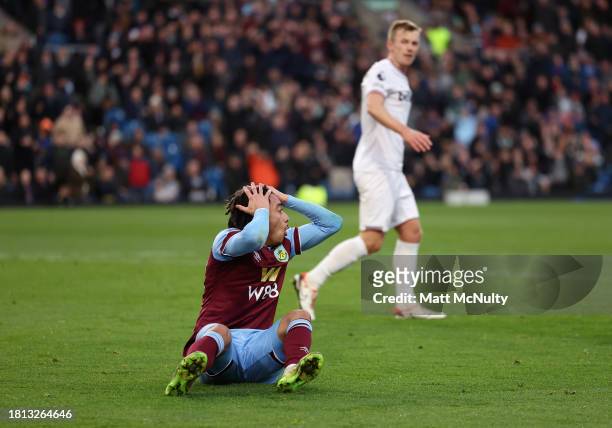 Luca Koleosho of Burnley reacts during the Premier League match between Burnley FC and West Ham United at Turf Moor on November 25, 2023 in Burnley,...