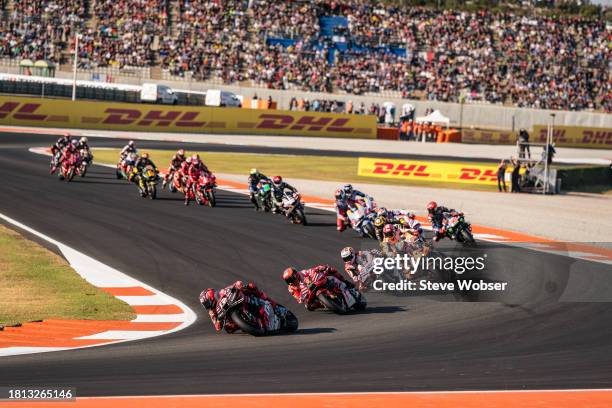 Maverick Viñales of Spain and Aprilia Racing leads the race at the beginning of the Sprint during the Qualifying of the MotoGP Gran Premio Motul de...