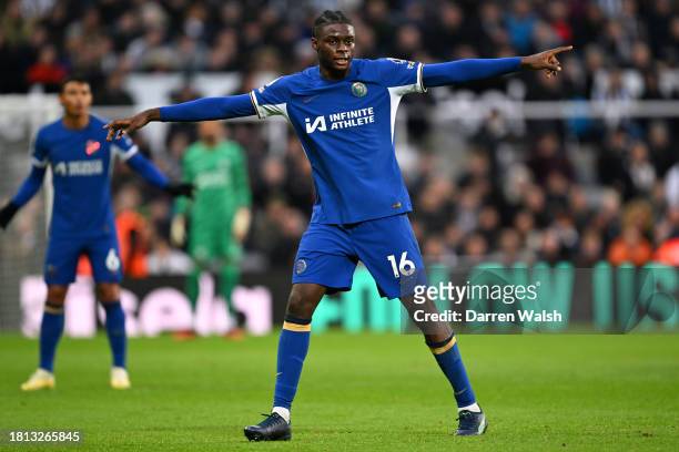 Lesley Ugochukwu of Chelsea gestures during the Premier League match between Newcastle United and Chelsea FC at St. James Park on November 25, 2023...