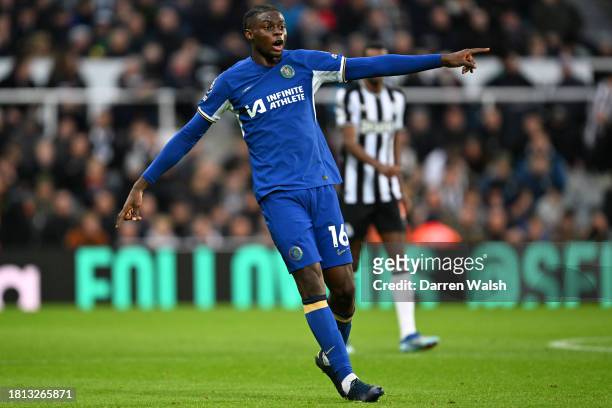 Lesley Ugochukwu of Chelsea reacts during the Premier League match between Newcastle United and Chelsea FC at St. James Park on November 25, 2023 in...