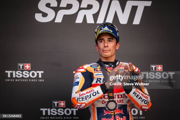 Emotional Marc Marquez of Spain and Repsol Honda Team on the Podium during his last weekend for Honda during the Qualifying of the MotoGP Gran Premio...