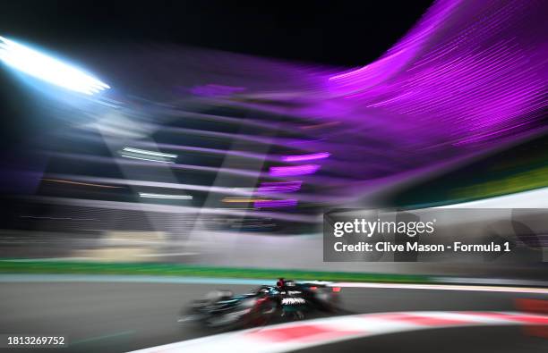 George Russell of Great Britain driving the Mercedes AMG Petronas F1 Team W14 on track during qualifying ahead of the F1 Grand Prix of Abu Dhabi at...