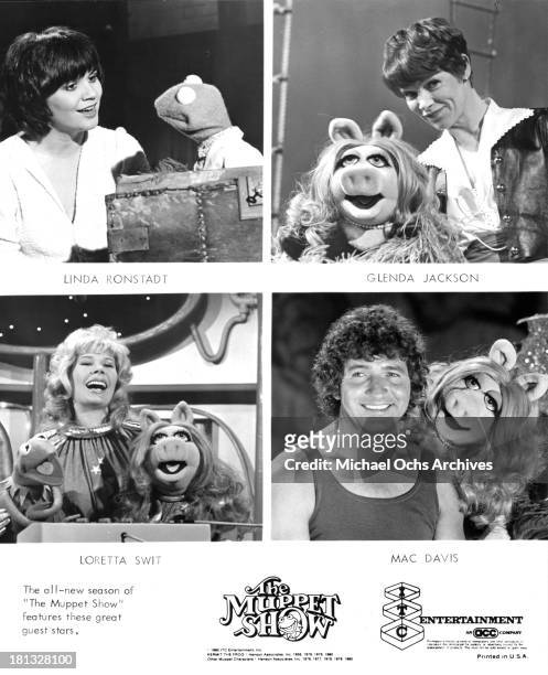 Singer Linda Ronstadt with Kermit the Frog, Actress Glenda Jackson with Miss Piggy. Actress Loretta Swit and Miss Piggy, Singer Mac Davis and Miss...