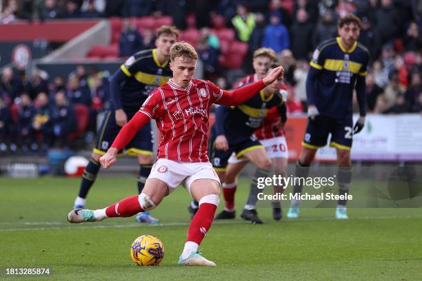 Tommy Conway of Bristol City scores his side's second goal from a penalty during the Sky Bet Championship match between Bristol City and...