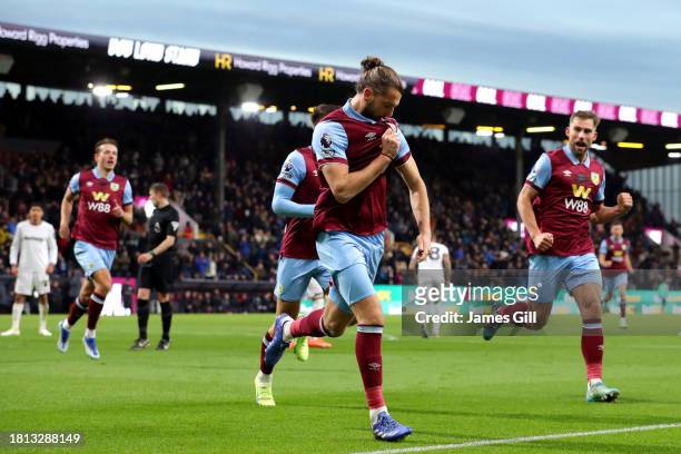 Jay Rodriguez of Burnley celebrates after scoring the team's first goal from a penalty kick during the Premier League match between Burnley FC and...