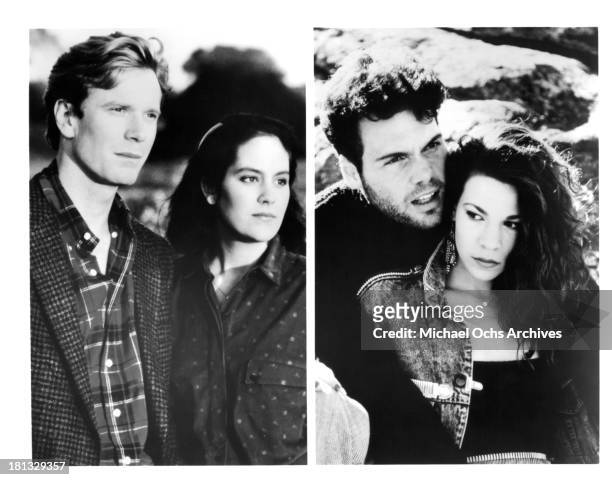 Actor William R. Moses with actress Annabeth Gish, actor Vincent D'Onofrio and actress Lili Taylor on set of the movie "Mystic Pizza" in 1988.