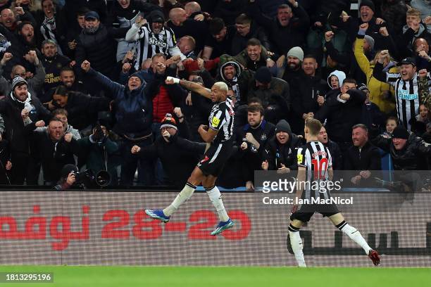 Joelinton of Newcastle United celebrates after scoring the team's third goal during the Premier League match between Newcastle United and Chelsea FC...