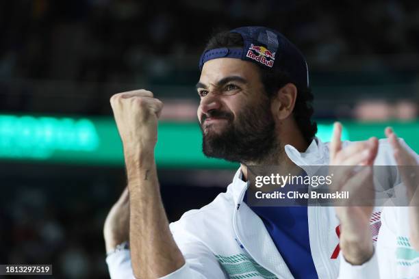 Matteo Berrettini of Italy reacts during the Semi-Final match against Serbia in the Davis Cup Final at Palacio de Deportes Jose Maria Martin Carpena...