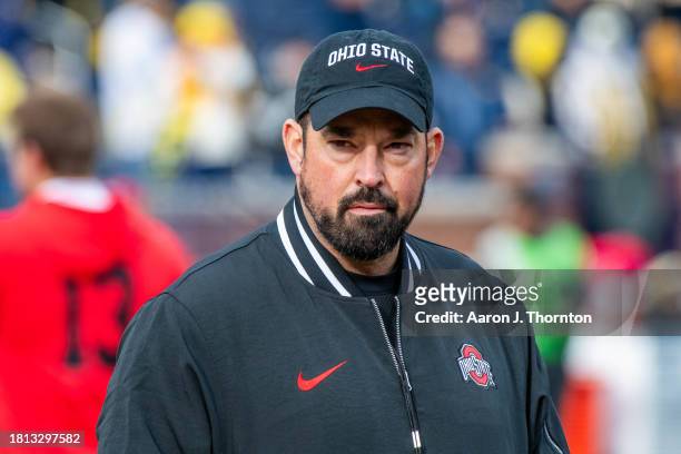 Head Football Coach Ryan Day of the Ohio State Buckeyes is seen during warmups before a college football game against the Michigan Wolverines at...