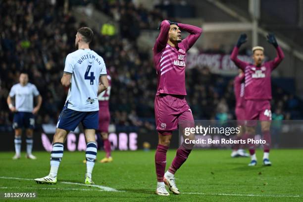 Karlan Grant of Cardiff City after a missed shot attempt during the Sky Bet Championship match between Preston North End and Cardiff City at Deepdale...