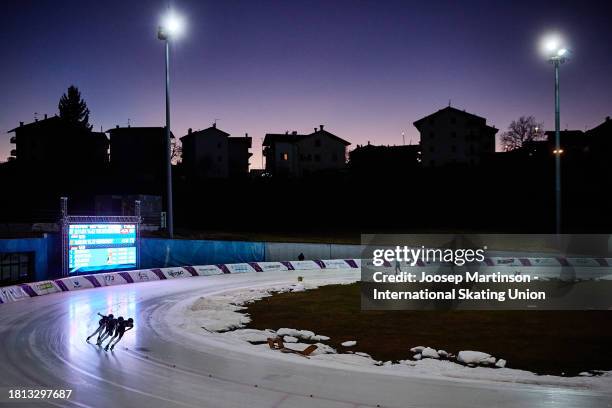 Team Germany competes in the Junior Men's Team Pursuit during the ISU Junior World Cup Speed Skating at Ice Rink Pine on November 25, 2023 in Trento,...