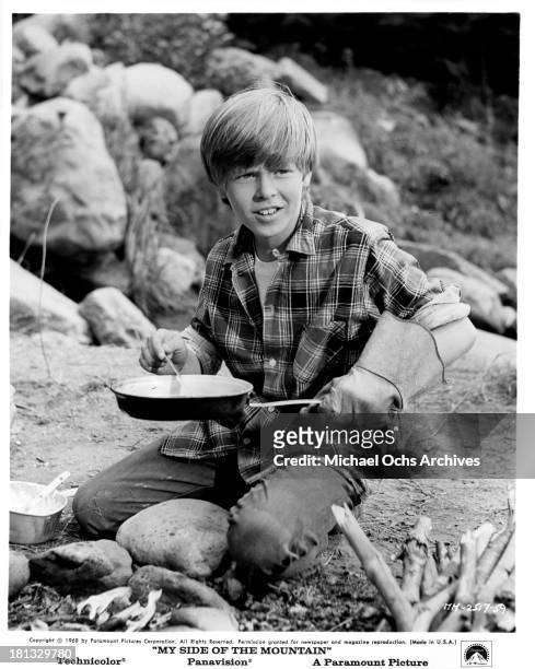 Actor Ted Eccles on set of the Paramount Pictures movie "My Side of the Mountain" in 1969.