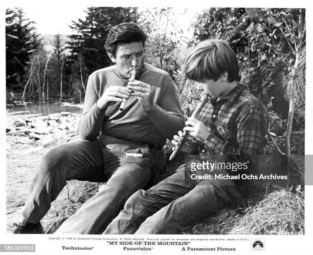 Actors Ted Eccles, Bill Vint on set of the Paramount Pictures movie "My Side of the Mountain" in 1969.