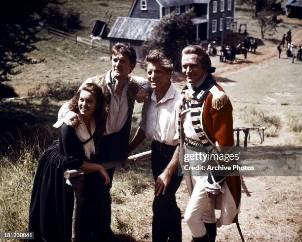 Janette Scott, Kirk Douglas, Burt Lancaster and Laurence Olivier in a scene from the film 'The Devil's Disciple', 1959.