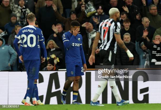 Reece James of Chelsea reacts during the Premier League match between Newcastle United and Chelsea FC at St. James Park on November 25, 2023 in...