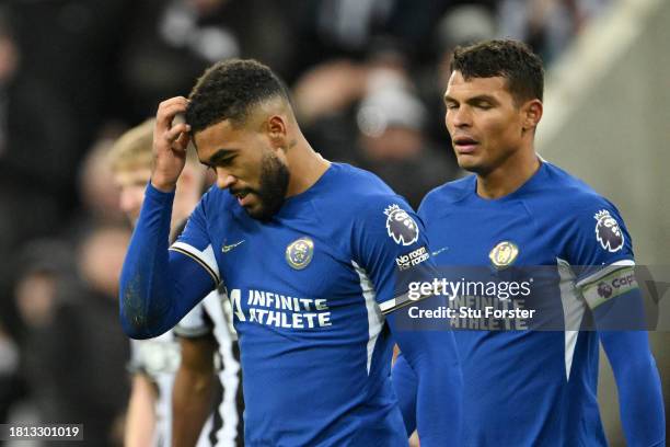 Reece James of Chelsea reacts during the Premier League match between Newcastle United and Chelsea FC at St. James Park on November 25, 2023 in...