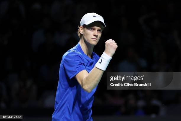 Jannik Sinner of Italy celebrates a point during the Semi-Final match against Novak Djokovic of Serbia in the Davis Cup Final at Palacio de Deportes...