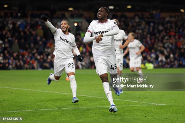 Divin Mubama of West Ham United celebrates West Ham United’s first goal, an own-goal scored by Dara O'Shea of Burnley during the Premier League match...