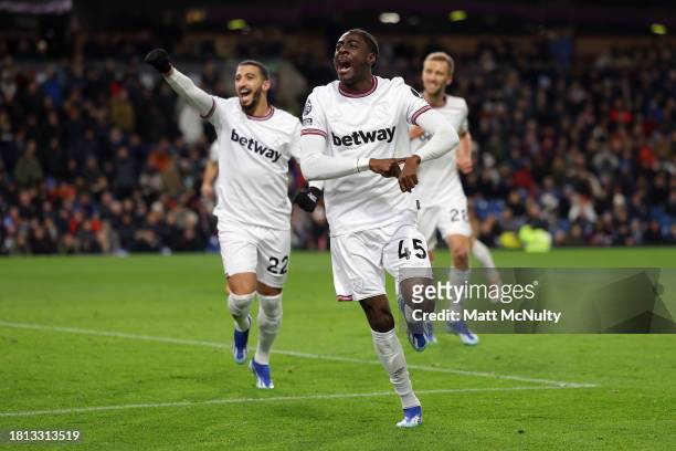Divin Mubama of West Ham United celebrates West Ham United’s first goal, an own-goal scored by Dara O'Shea of Burnley during the Premier League match...