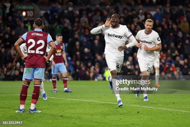 Divin Mubama of West Ham United celebrates West Ham United’s first goal, an own-goal scored by Dara O'Shea of Burnley during the Premier League match...