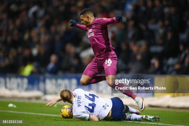 Brad Potts of Preston North End challenges Karlan Grant of Cardiff City during the Sky Bet Championship match between Preston North End and Cardiff...