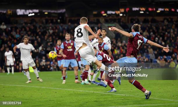 Tomas Soucek of West Ham United scores the team's second goal during the Premier League match between Burnley FC and West Ham United at Turf Moor on...