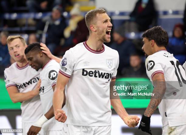 Tomas Soucek of West Ham United celebrates after scoring the team's second goal during the Premier League match between Burnley FC and West Ham...