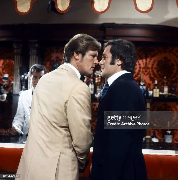 Roger Moore confronts Tony Curtis in a scene from the TV series 'The Persuaders!', 1971.