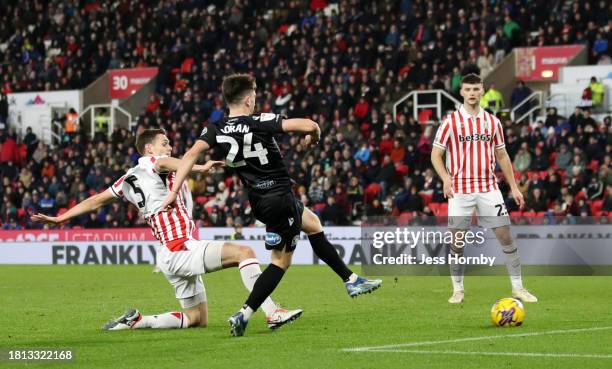 Andrew Moran of Blackburn Rovers scores the team's second goal during the Sky Bet Championship match between Stoke City and Blackburn Rovers at...