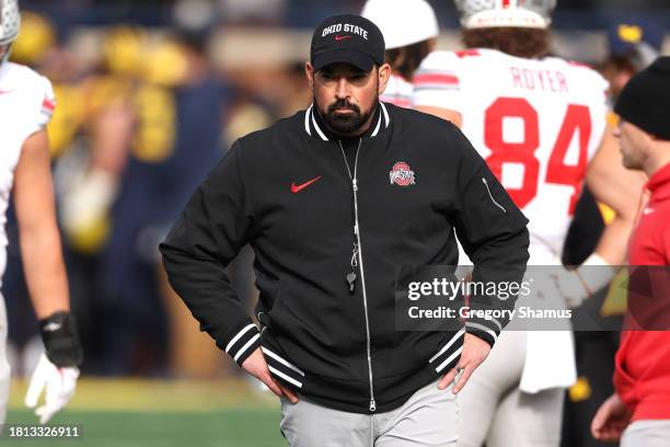 Head coach Ryan Day of the Ohio State Buckeyes looks on prior to the game against the Michigan Wolverines at Michigan Stadium on November 25, 2023 in...