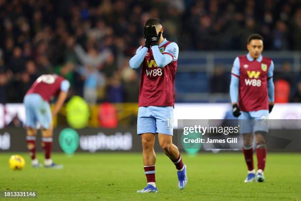 Anass Zaroury of Burnley looks dejected after the team's defeat in the Premier League match between Burnley FC and West Ham United at Turf Moor on...