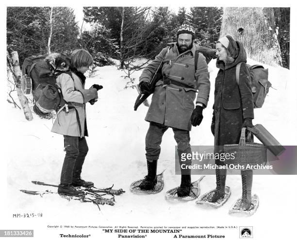 Actors Ted Eccles, Theodore Bikel and actress Tudi Wiggins on set of the Paramount Pictures movie "My Side of the Mountain" in 1969.