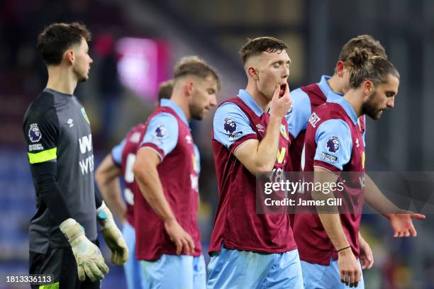 Dara O'Shea of Burnley looks dejected after the team's defeat in the Premier League match between Burnley FC and West Ham United at Turf Moor on...