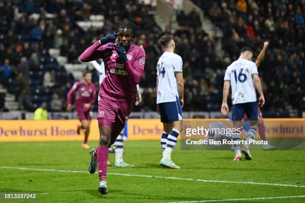 Jamilu Collins of Cardiff City celebrates his goal to make it 1-2 during the Sky Bet Championship match between Preston North End and Cardiff City at...