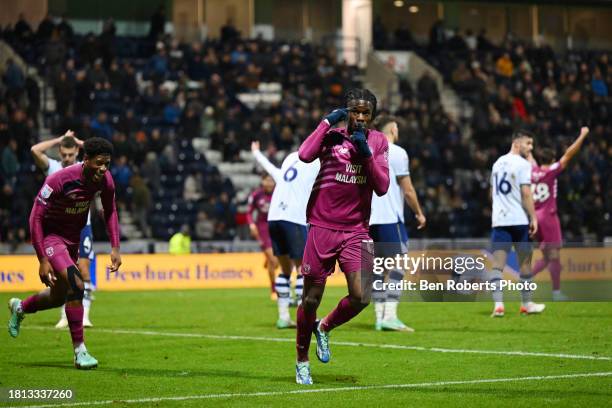 Jamilu Collins of Cardiff City celebrates his goal to make it 1-2 during the Sky Bet Championship match between Preston North End and Cardiff City at...