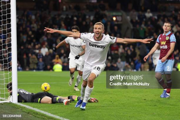 Tomas Soucek of West Ham United celebrates after scoring the team's second goal during the Premier League match between Burnley FC and West Ham...