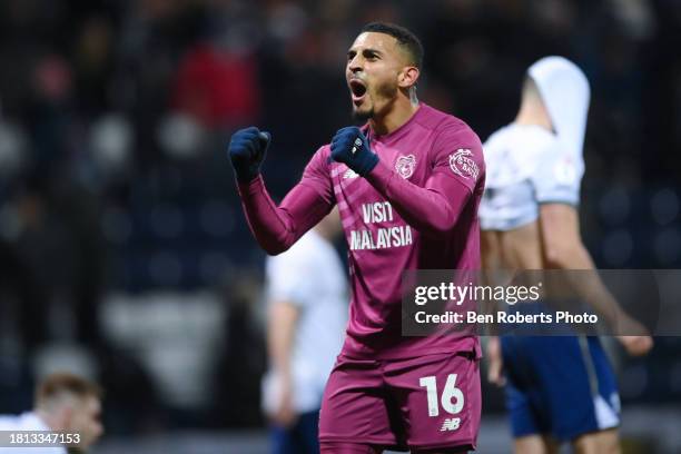 Karlan Grant of Cardiff City celebrates after the Sky Bet Championship match between Preston North End and Cardiff City at Deepdale on November 25,...