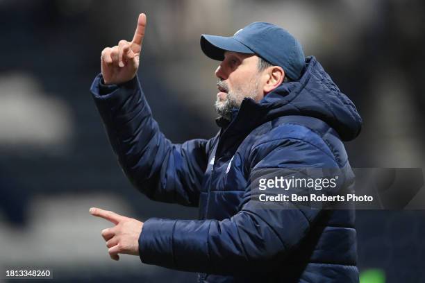 Cardiff City Manager Erol Bulut celebrates after the Sky Bet Championship match between Preston North End and Cardiff City at Deepdale on November...