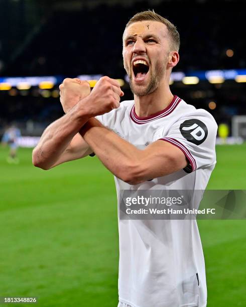 Tomas Soucek of West Ham United celebrates scoring with a crossed hammers sign during the Premier League match between Burnley FC and West Ham United...