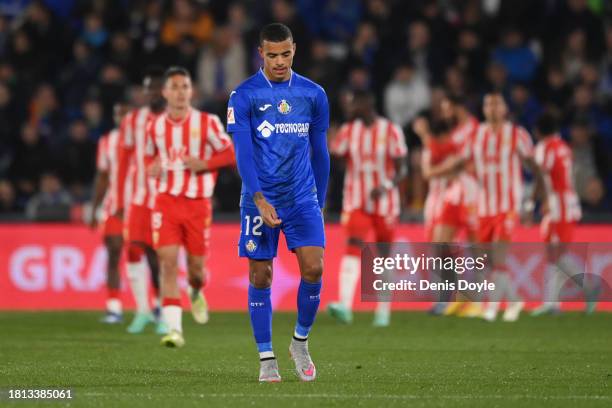 Mason Greenwood of Getafe CF looks dejected after Largie Ramazani of UD Almeria scores his team's first goal during the LaLiga EA Sports match...